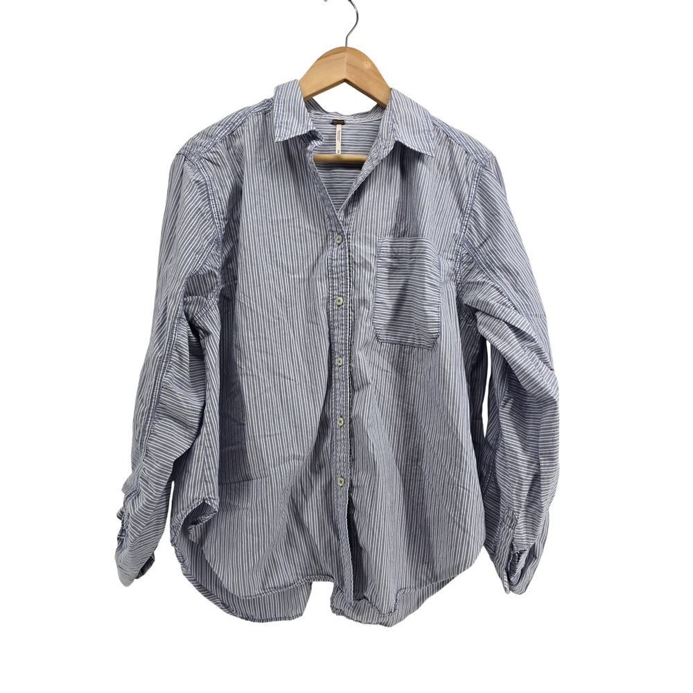 Free People Button Down Womens Medium Tie Back Blue White Striped EUC